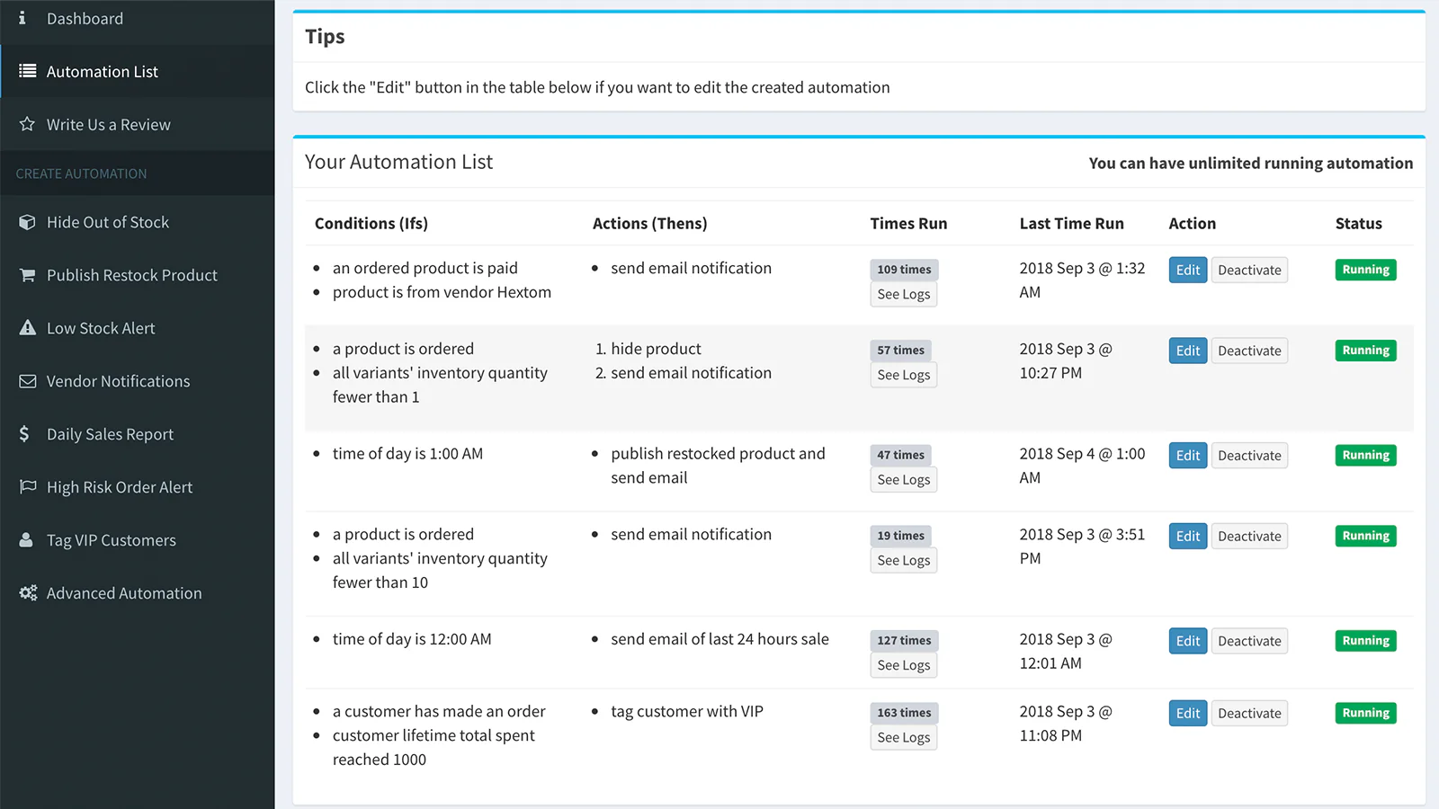 Aplicación de Shopify, Simple Shop Automation por Hextom Inc, automatización bo