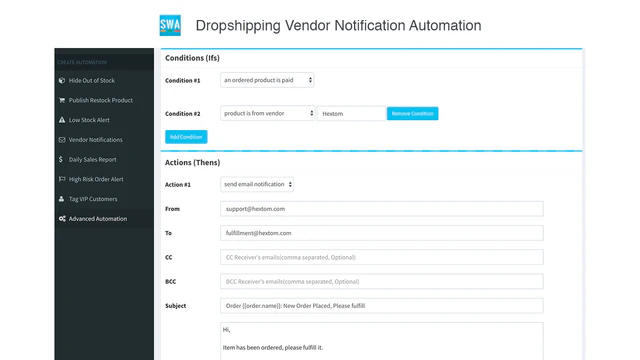 Application Shopify, Simple Shop Automation par Hextom Inc, bo d'automatisation