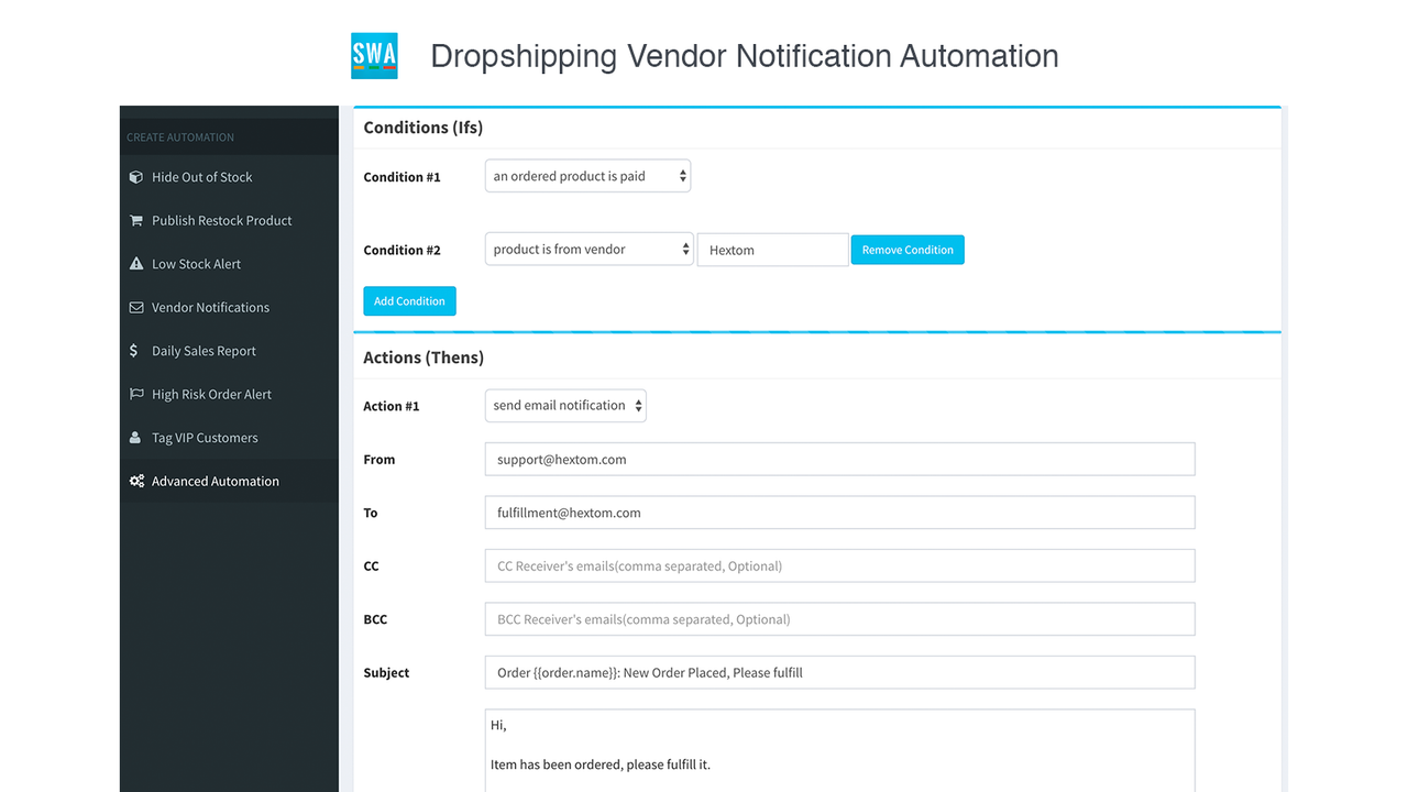 Shopify App, Simple Shop Automation af Hextom Inc, automatisering bo