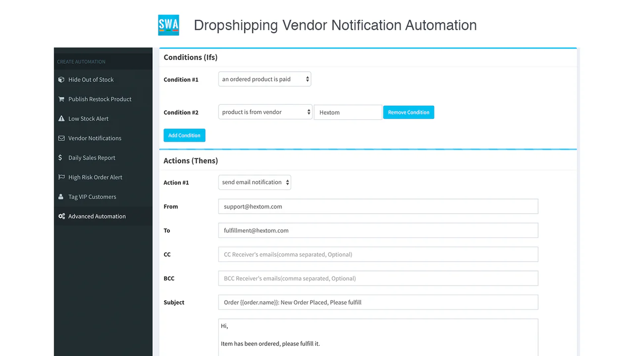 Shopify App, Simple Shop Automation von Hextom Inc, Automatisierung bo