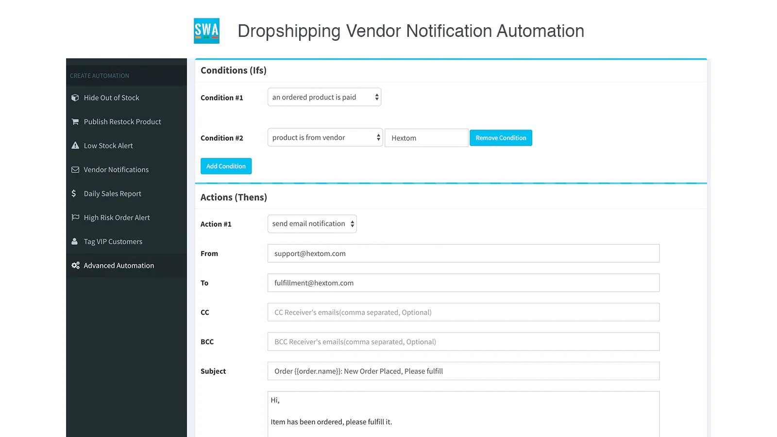 Aplicación de Shopify, Simple Shop Automation por Hextom Inc, automatización bo