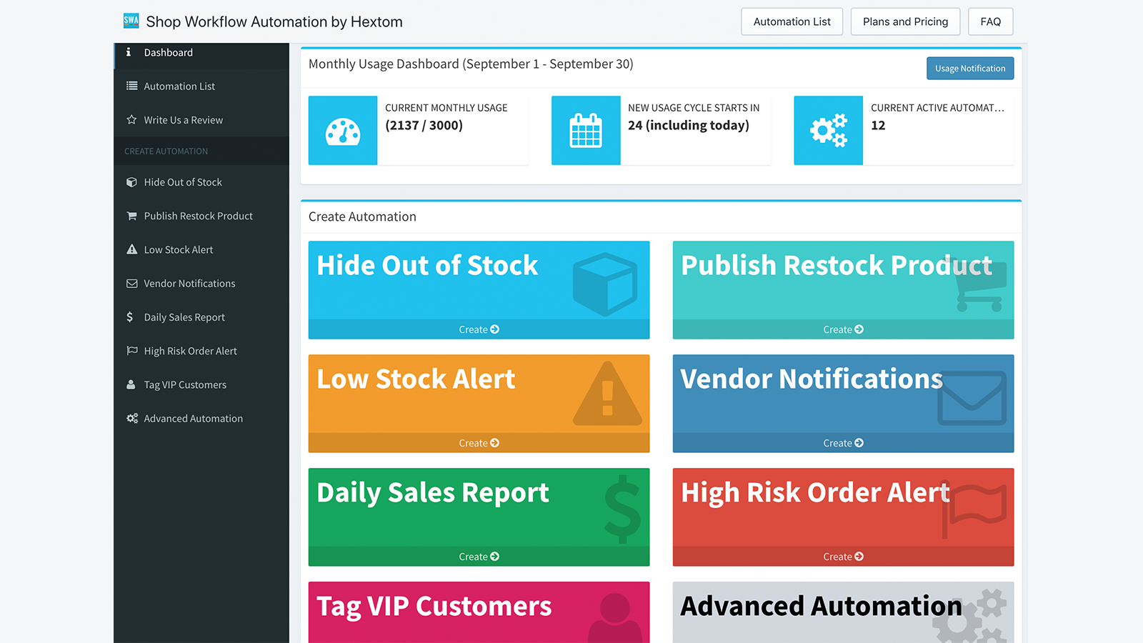 Application Shopify, Simple Shop Automation par Hextom Inc, bo d'automatisation