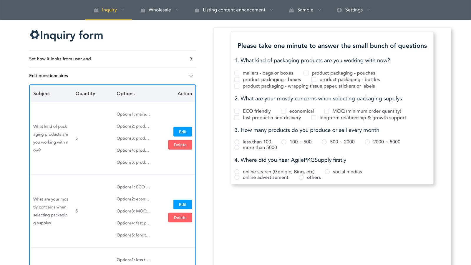 Questionnaire form editing (optional for inquiry)