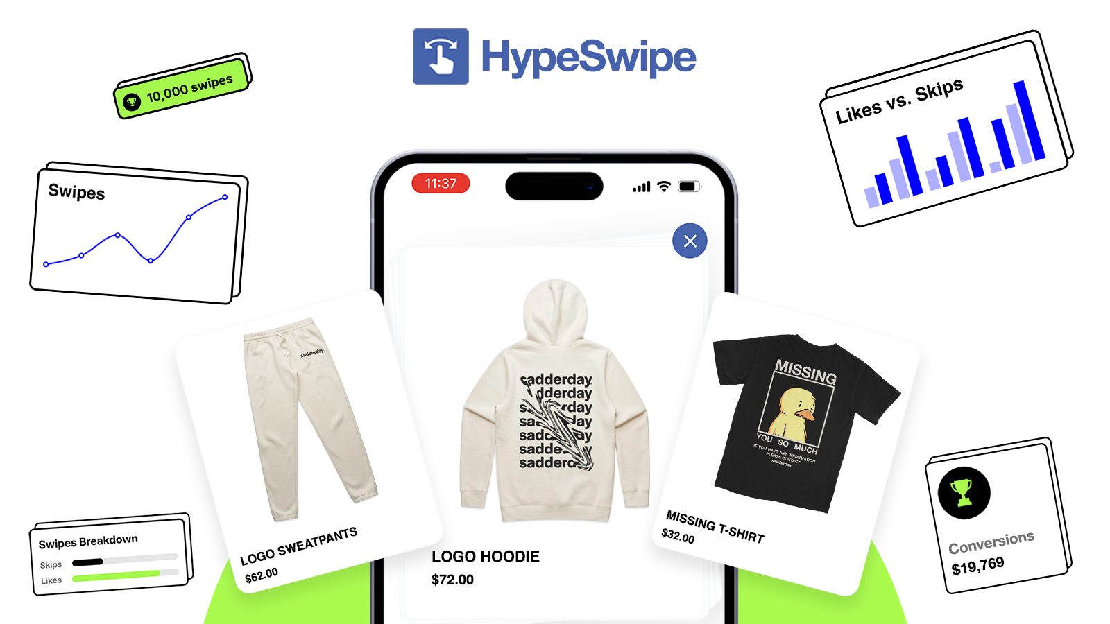 Swipe gennem produkter med HypeSwipe.