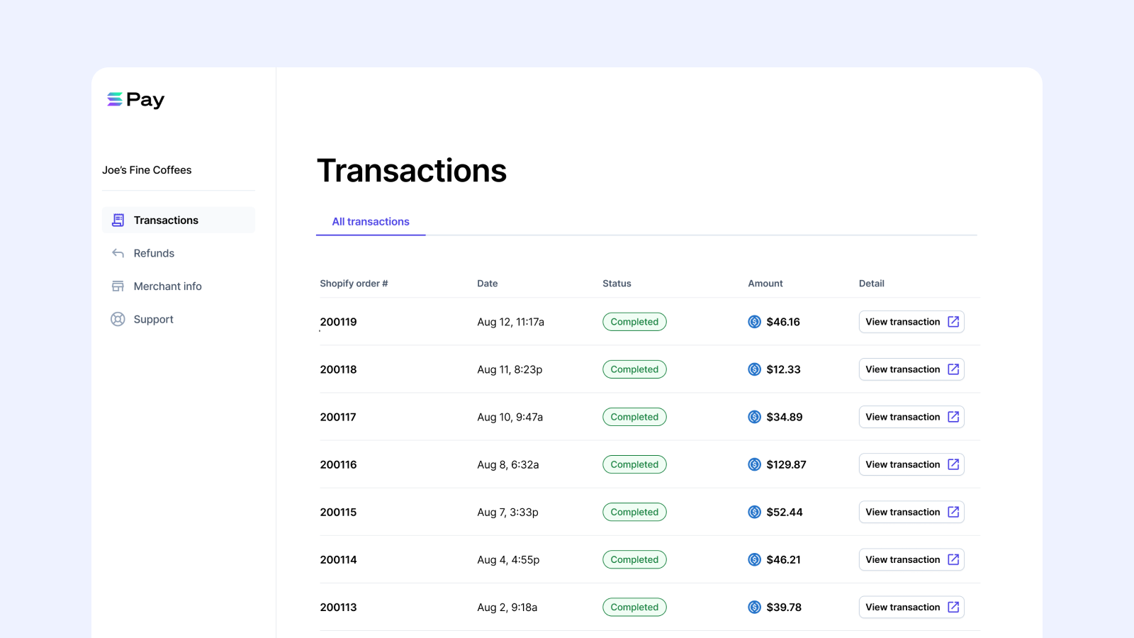 View all your crypto payments in one place.