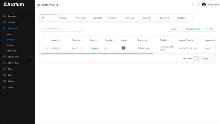 Aratum Fulfillment & Shipping Screenshot