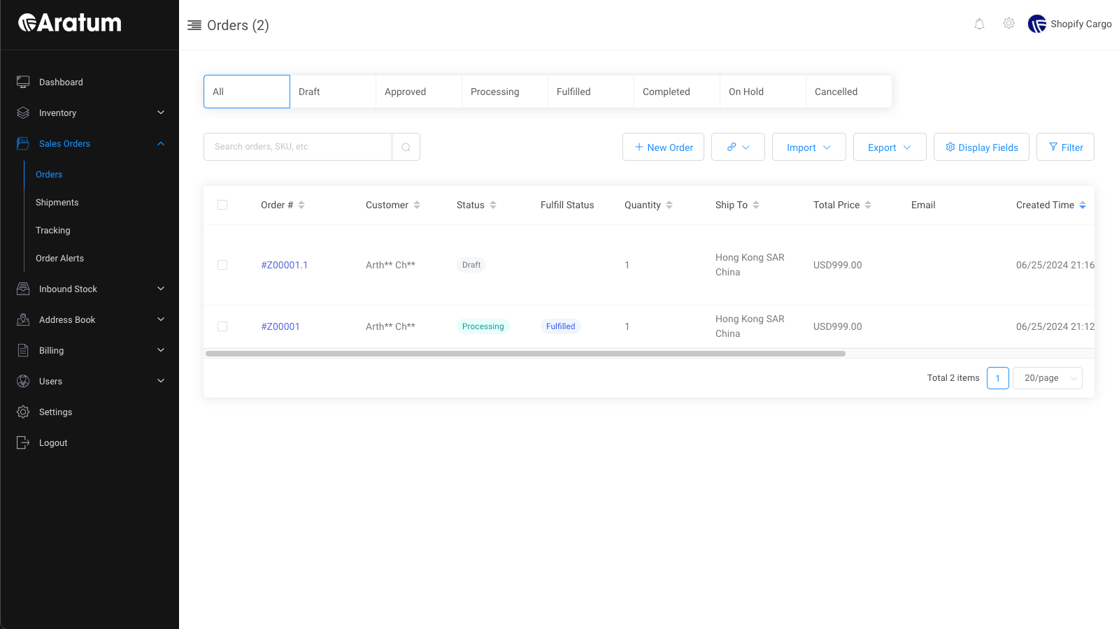 Aratum Fulfillment & Shipping Screenshot