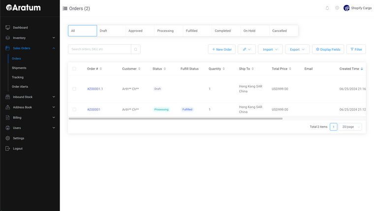 Aratum Fulfillment & Shipping Screenshot