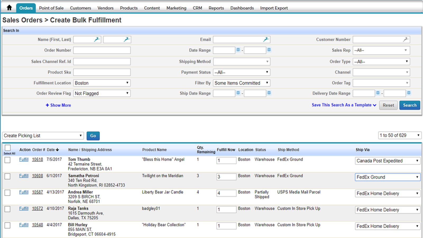 Pulse Commerce Create Bulk Fulfillment, Save Fulfillment Templat