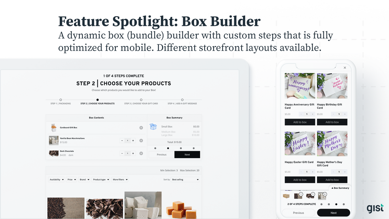 Box Bundle Builder with custom steps and multiple layouts.