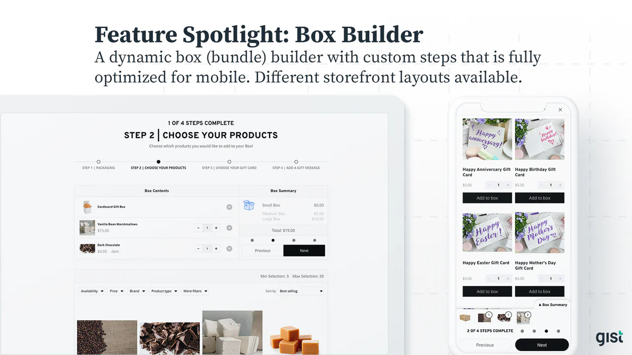 Box Bundle Builder met aangepaste stappen en meerdere lay-outs.