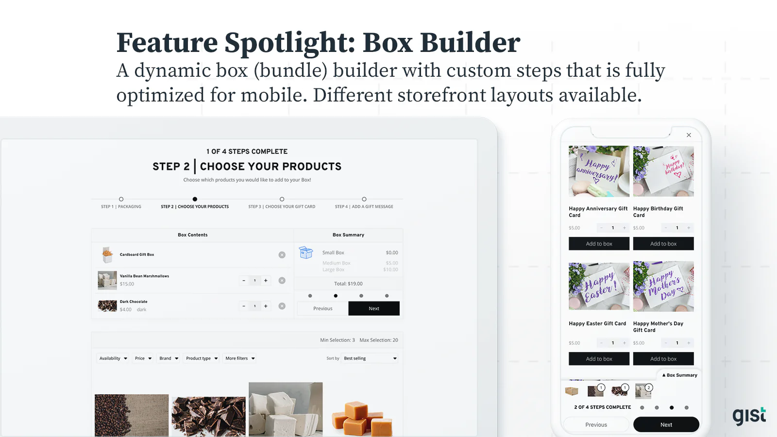 Box Bundle Builder med brugerdefinerede trin og flere layouts.