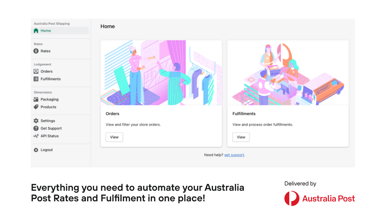 Australia Post app dashboard for opfyldelse & priser.