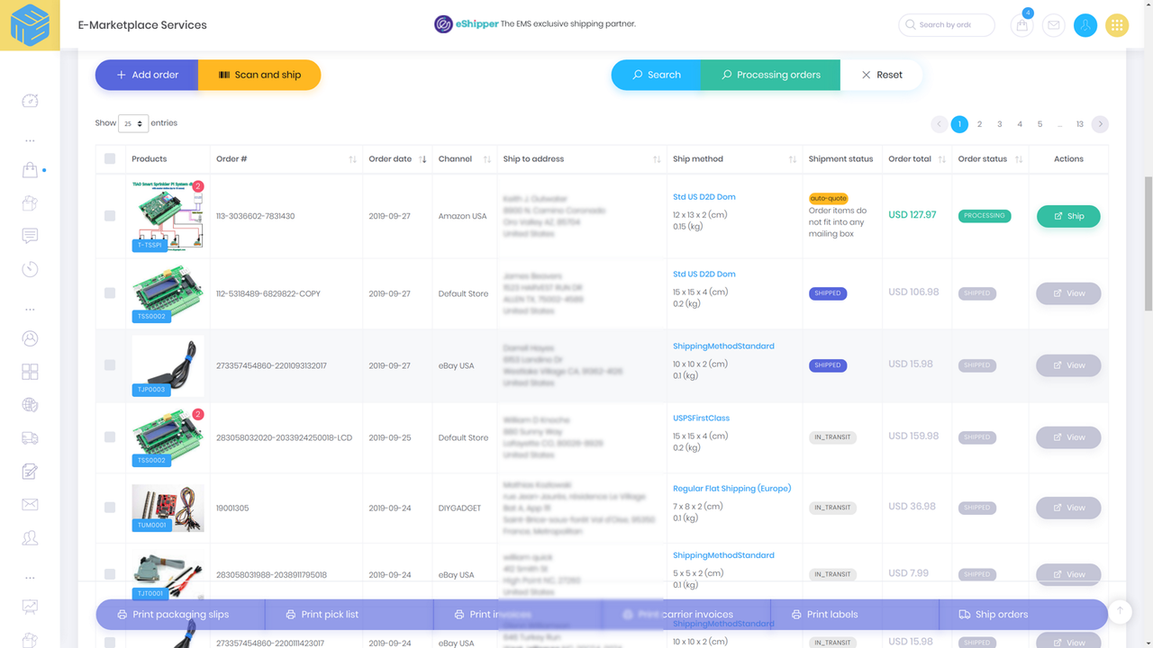 Visualização da lista de pedidos centralizada