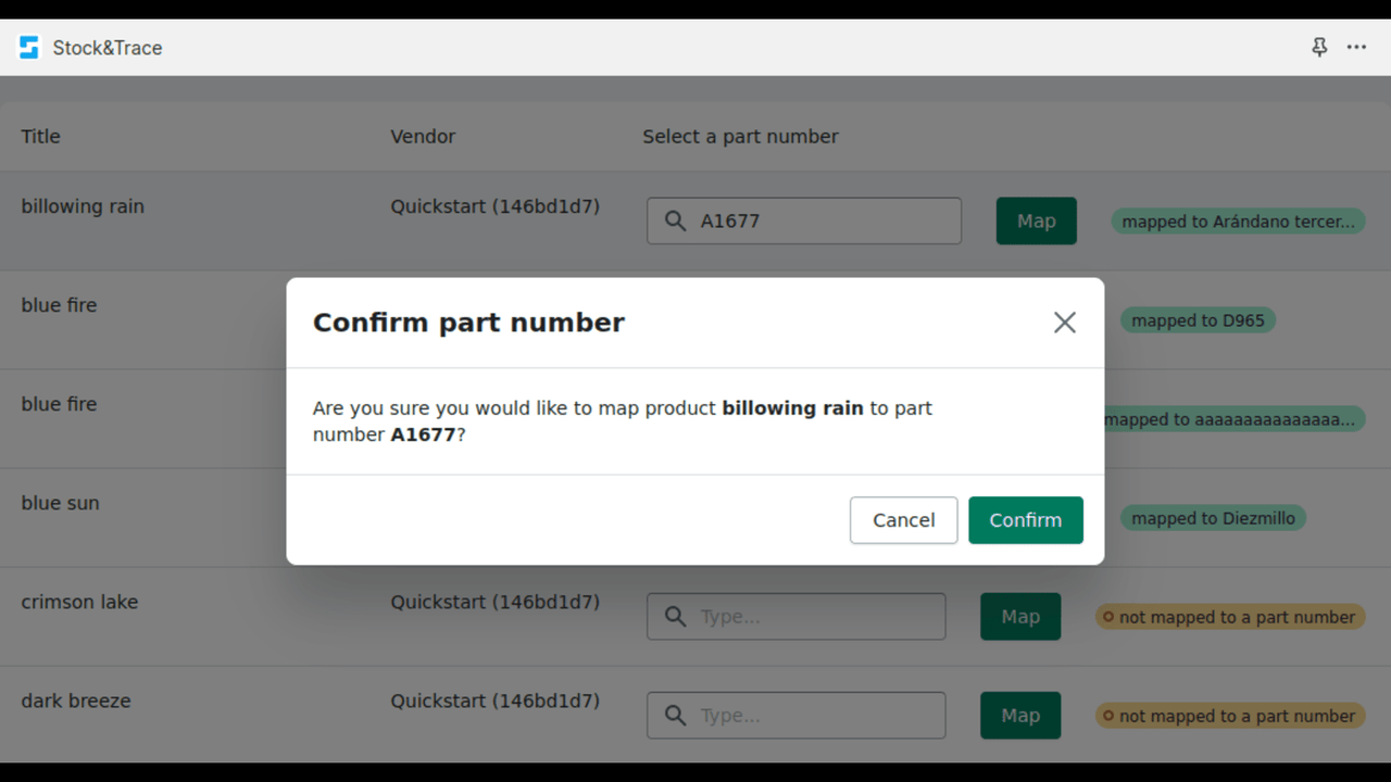 Part number mapping - The user confirms mapping