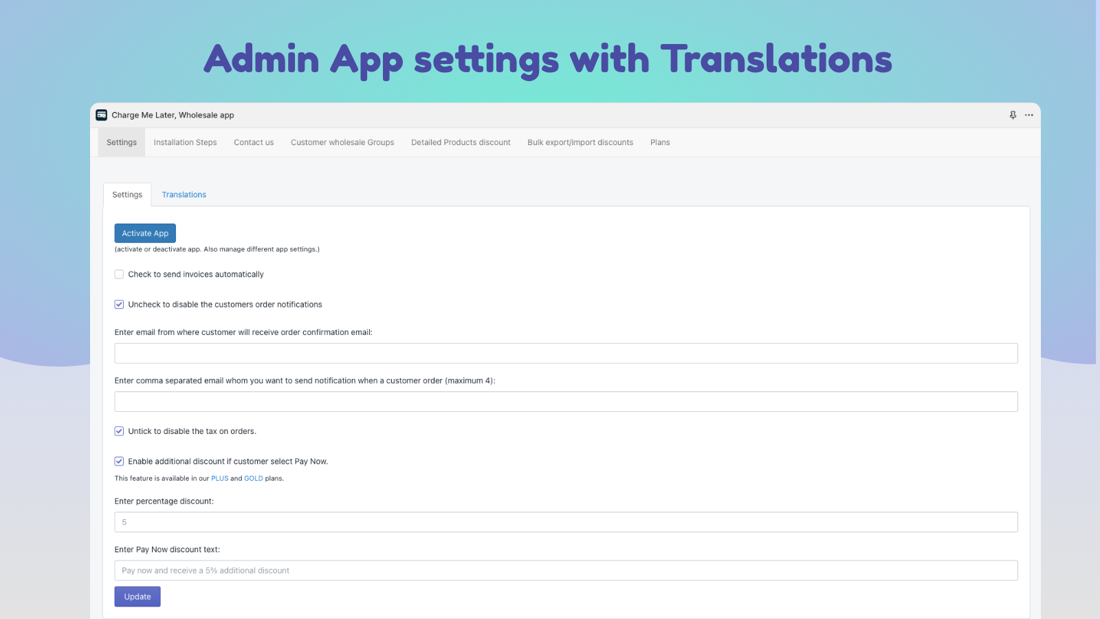 App admin indstillinger med oversættelser