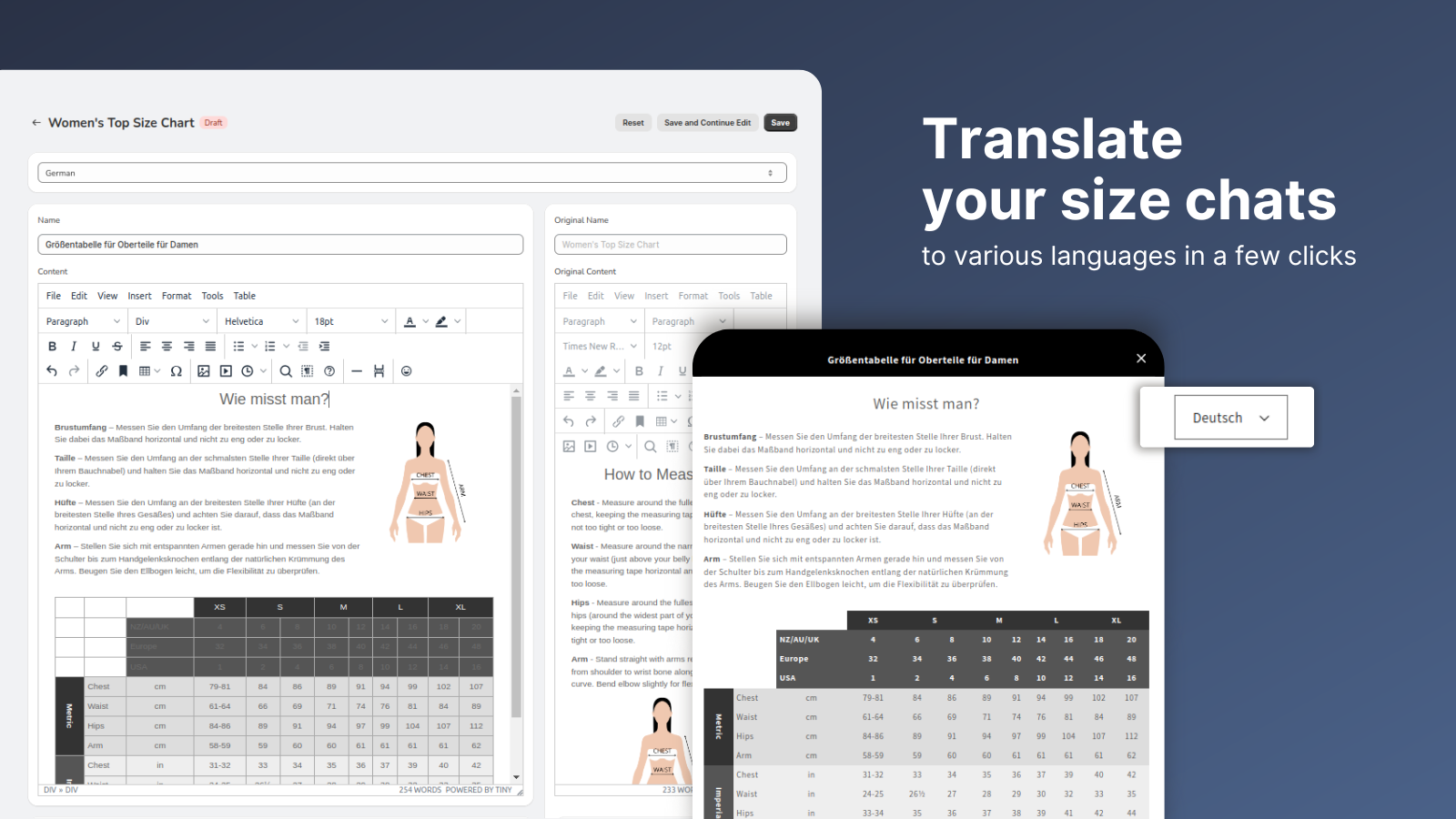 traducir tablas de tallas a varios idiomas