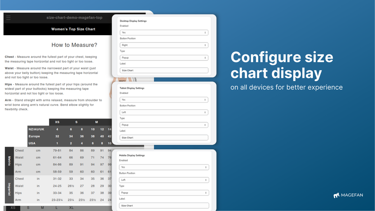 configurez des tableaux de tailles pour différents appareils