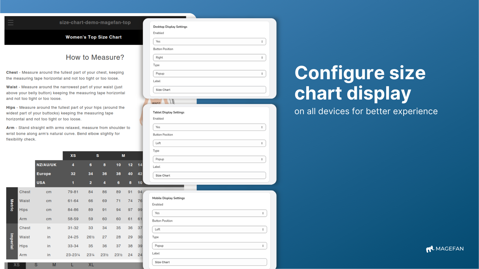 configure tabelas de tamanhos para diferentes dispositivos