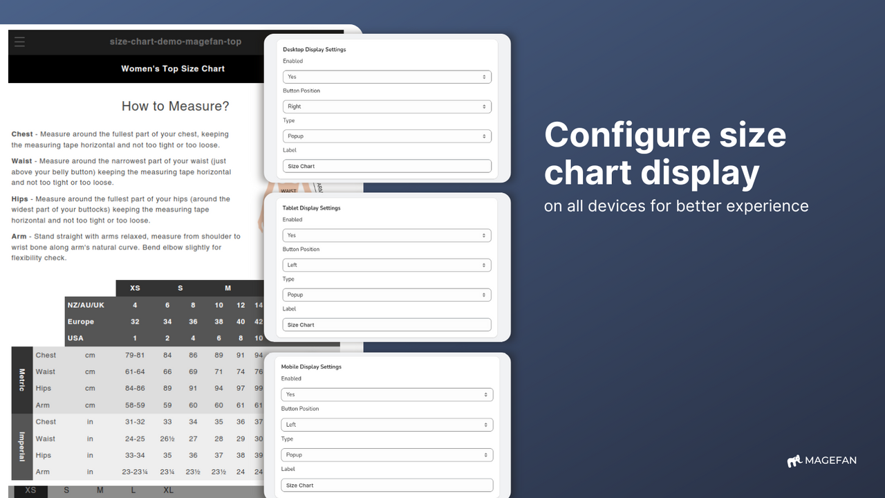 configurer des tableaux de tailles pour différents appareils