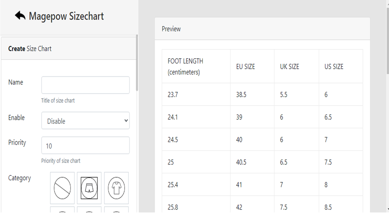 sizechart storefront