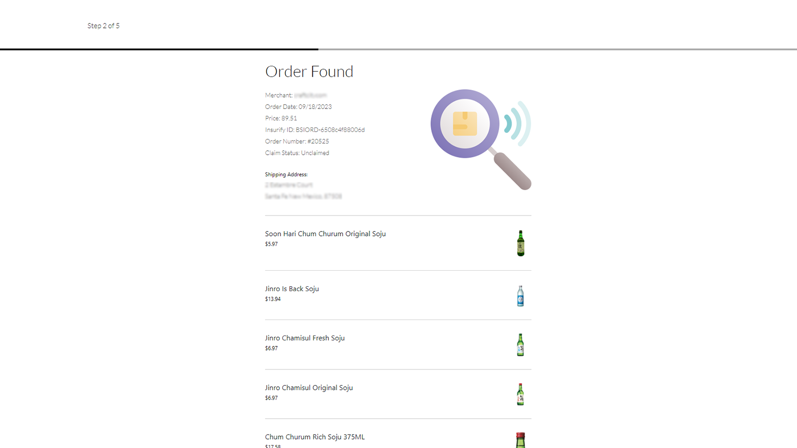 insurify | file claim | order found