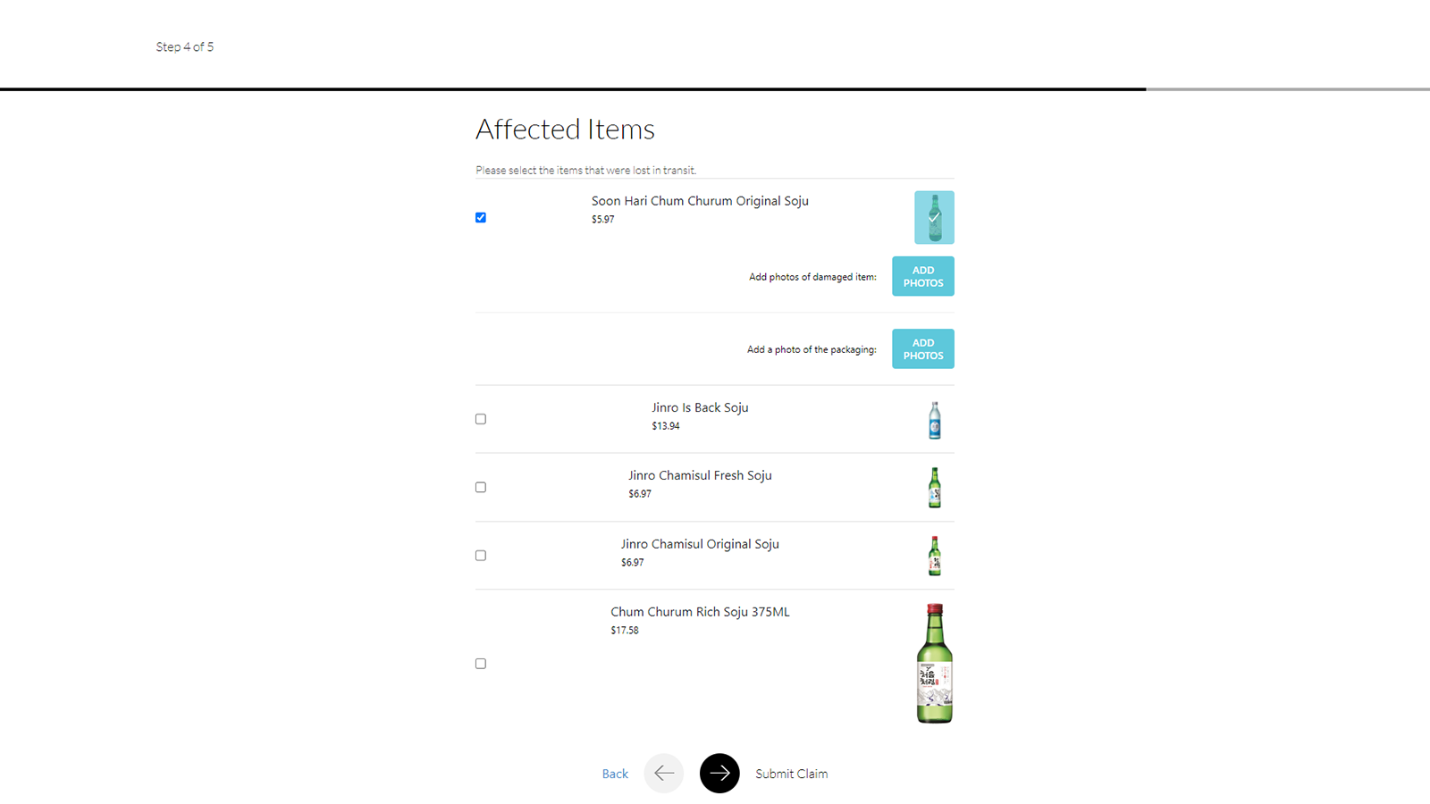 insurify | file claim | order found | Select defected items