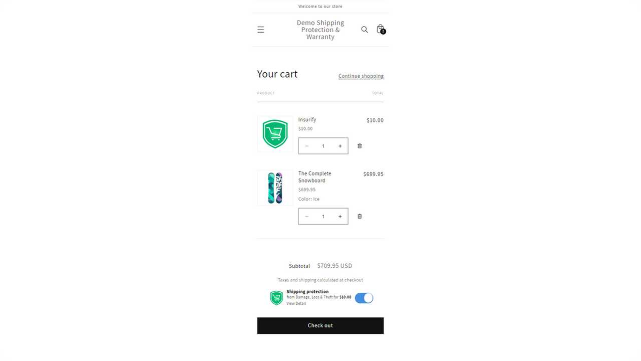 insurify | app widget på indkøbskurv side