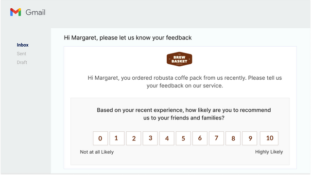 Encuesta NPS incrustada en el correo electrónico enviado unos días después del pedido
