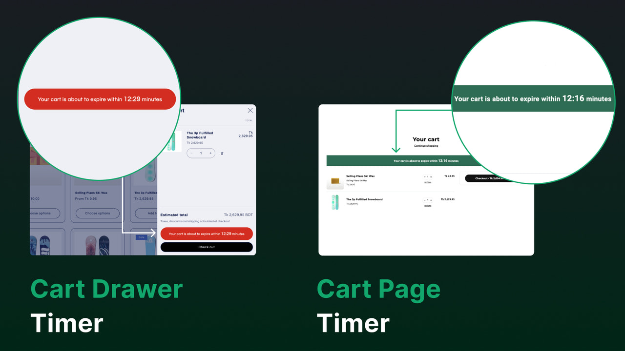 Cart drawer and page of PeakPulse shopify countdown timer