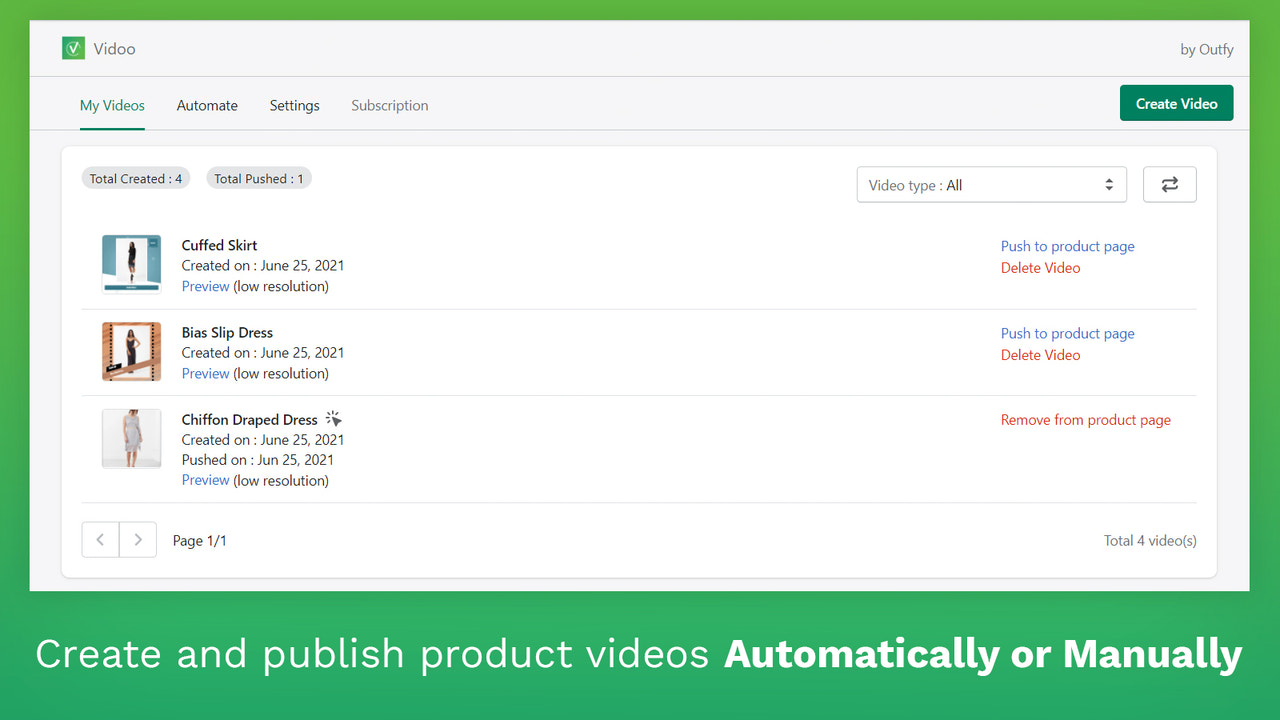 Opret og publicer produktvideoer automatisk eller manuelt