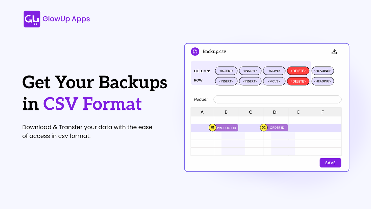 Exportation CSV - Application de sauvegarde par GlowUp Apps | Sauvegardes automatisées