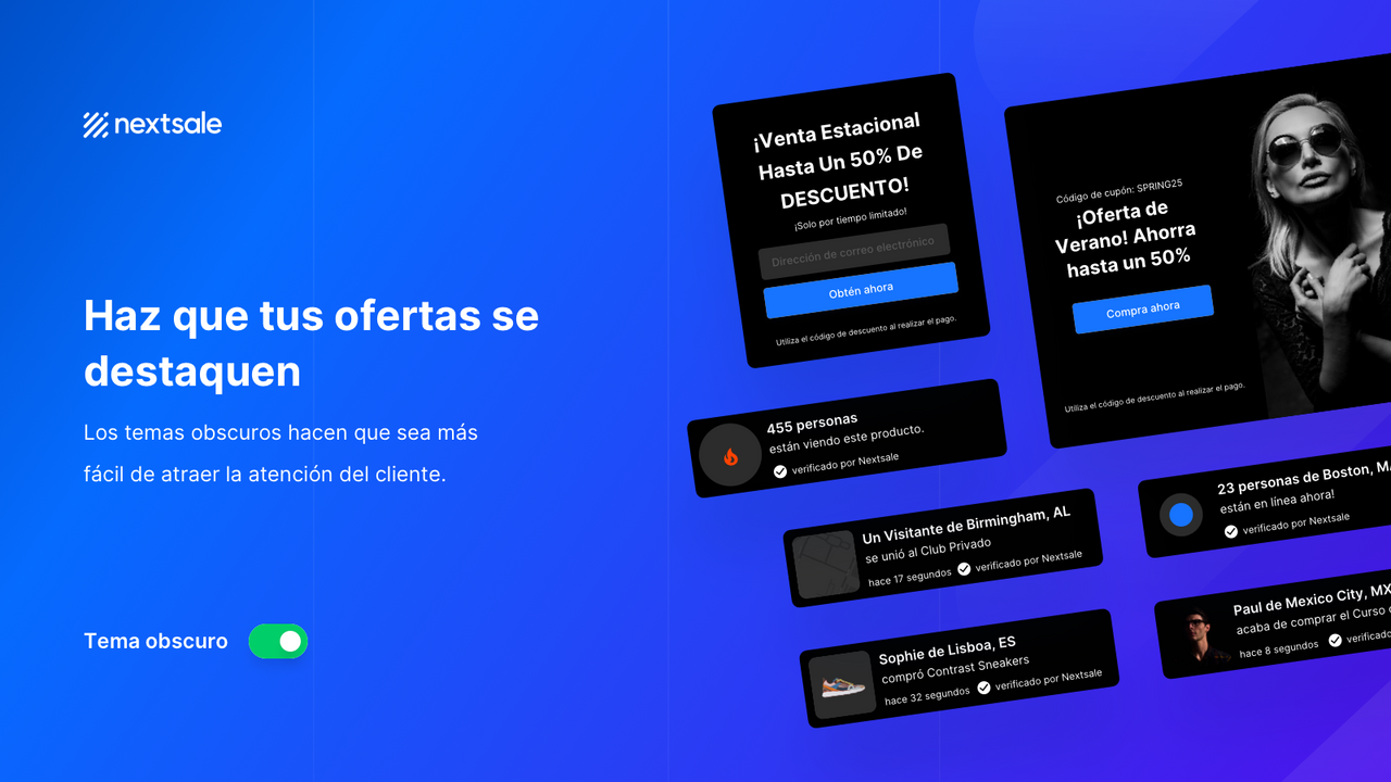 Popups de Ventas con tema obscuro - Haz tu sitio único