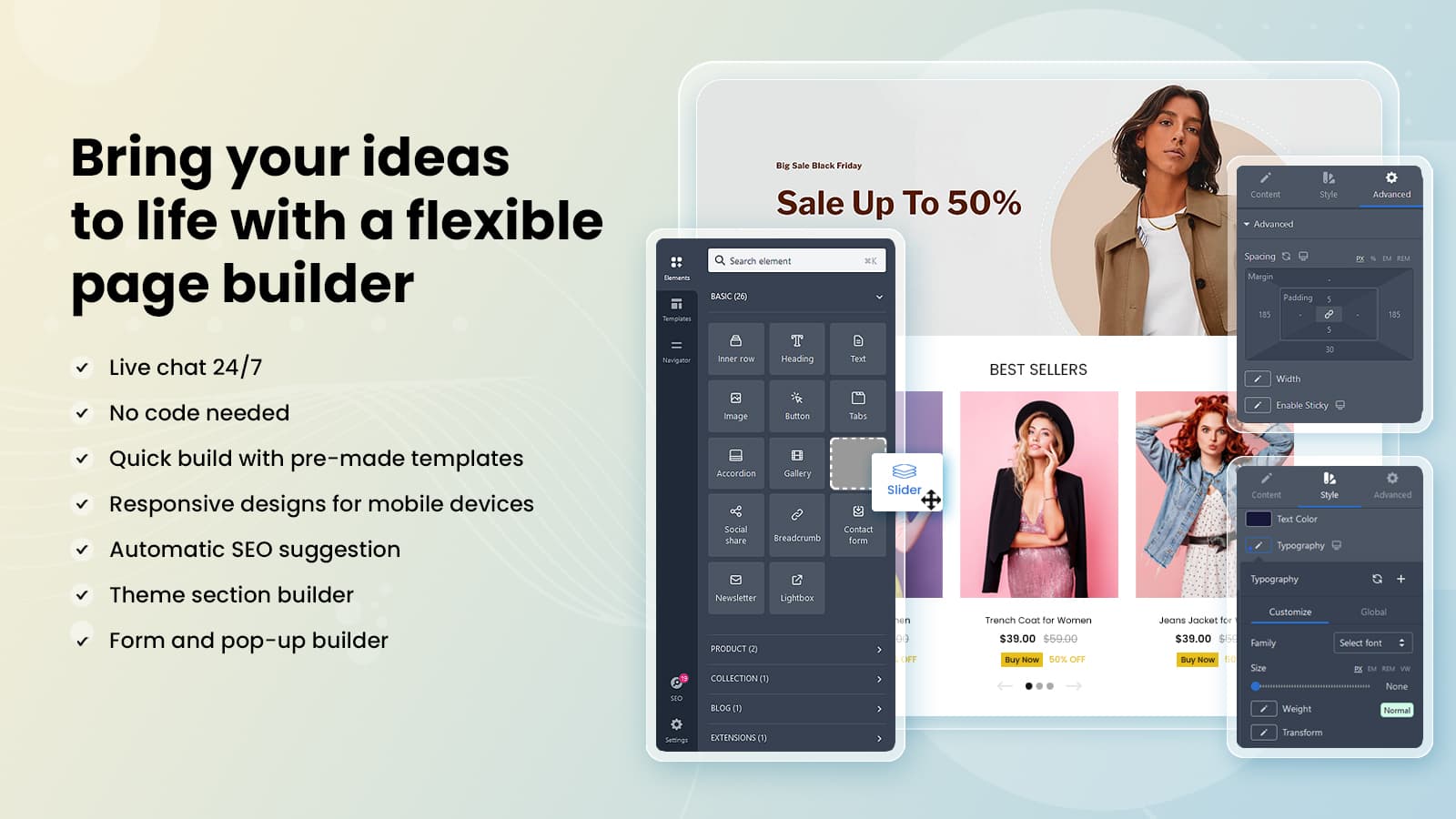 Flexible page builder, theme section, and pop-up builder