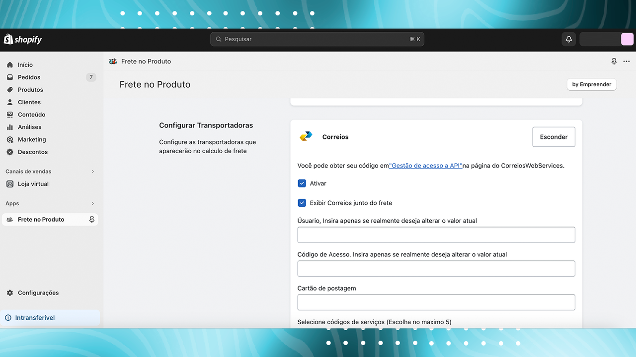 Configure o envio pelos Correios