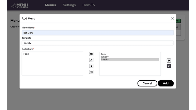 Menü-App-Auswahlbildschirm für Sammlungen