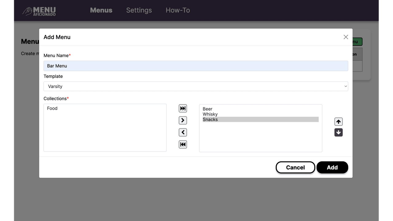 Tela de Seleção de Coleção do Aplicativo de Menu