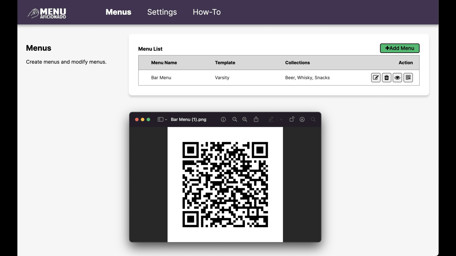 Application Menu montrant Exporter vers QR, Modifier, Supprimer, Voir