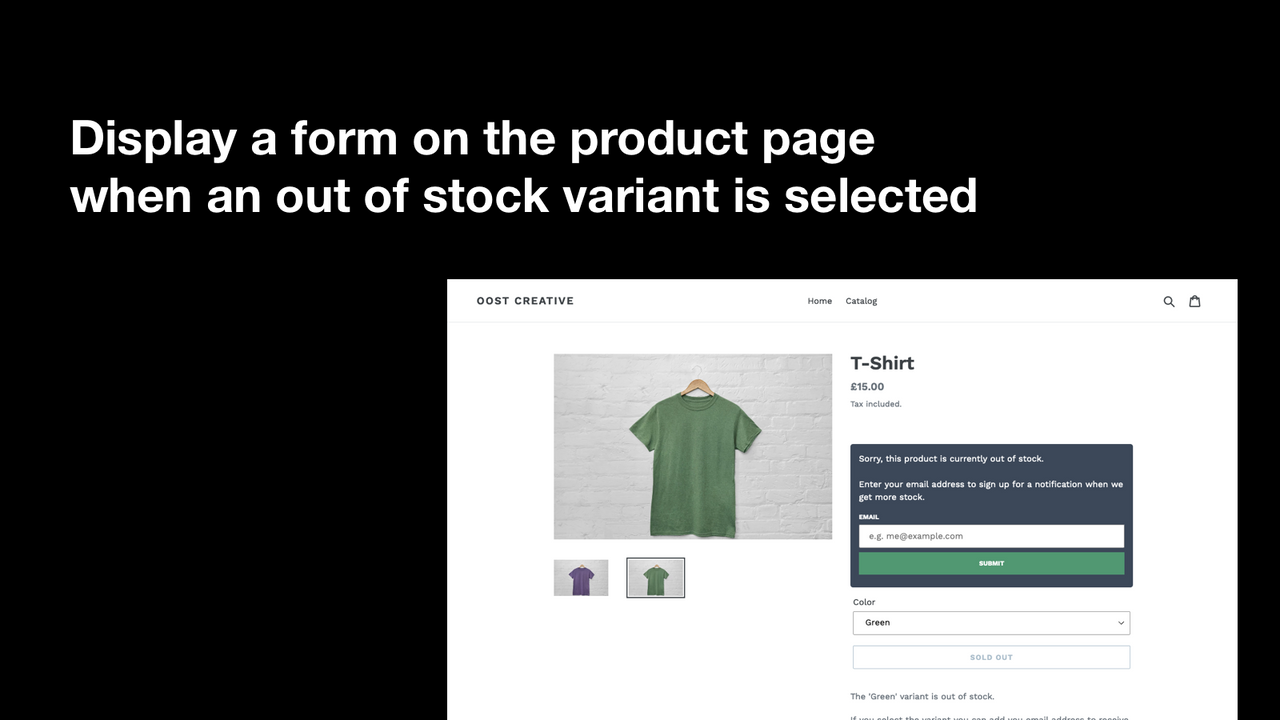 Visa ett formulär på produktsidan när en variant är slut i lager