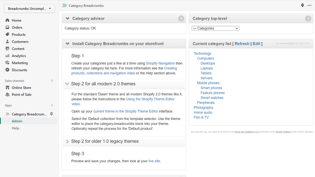 Interface utilisateur simple pour actualiser la liste des catégories à partir de la navigation Shopify