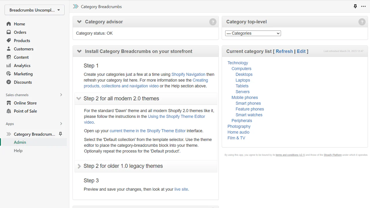 Interfaz de usuario simple para actualizar la lista de categorías desde la navegación de Shopify