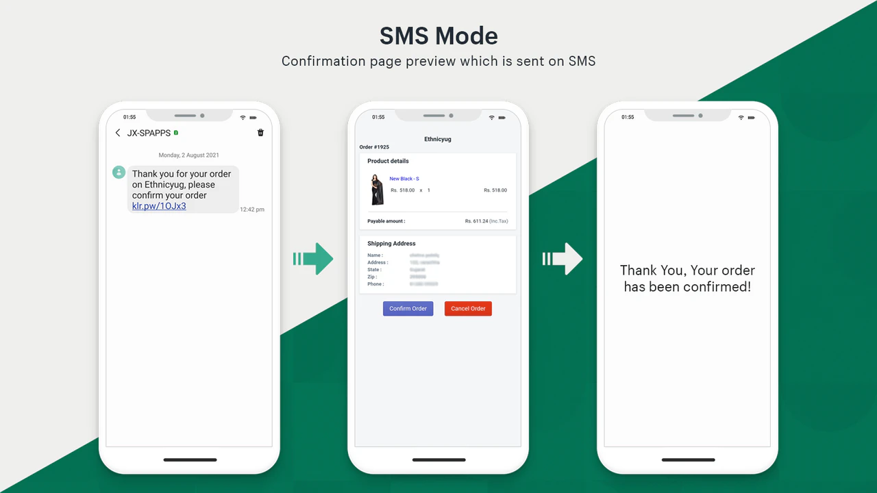 vue mobile de la page de détail de la commande, lien pour vérifier la commande par SMS