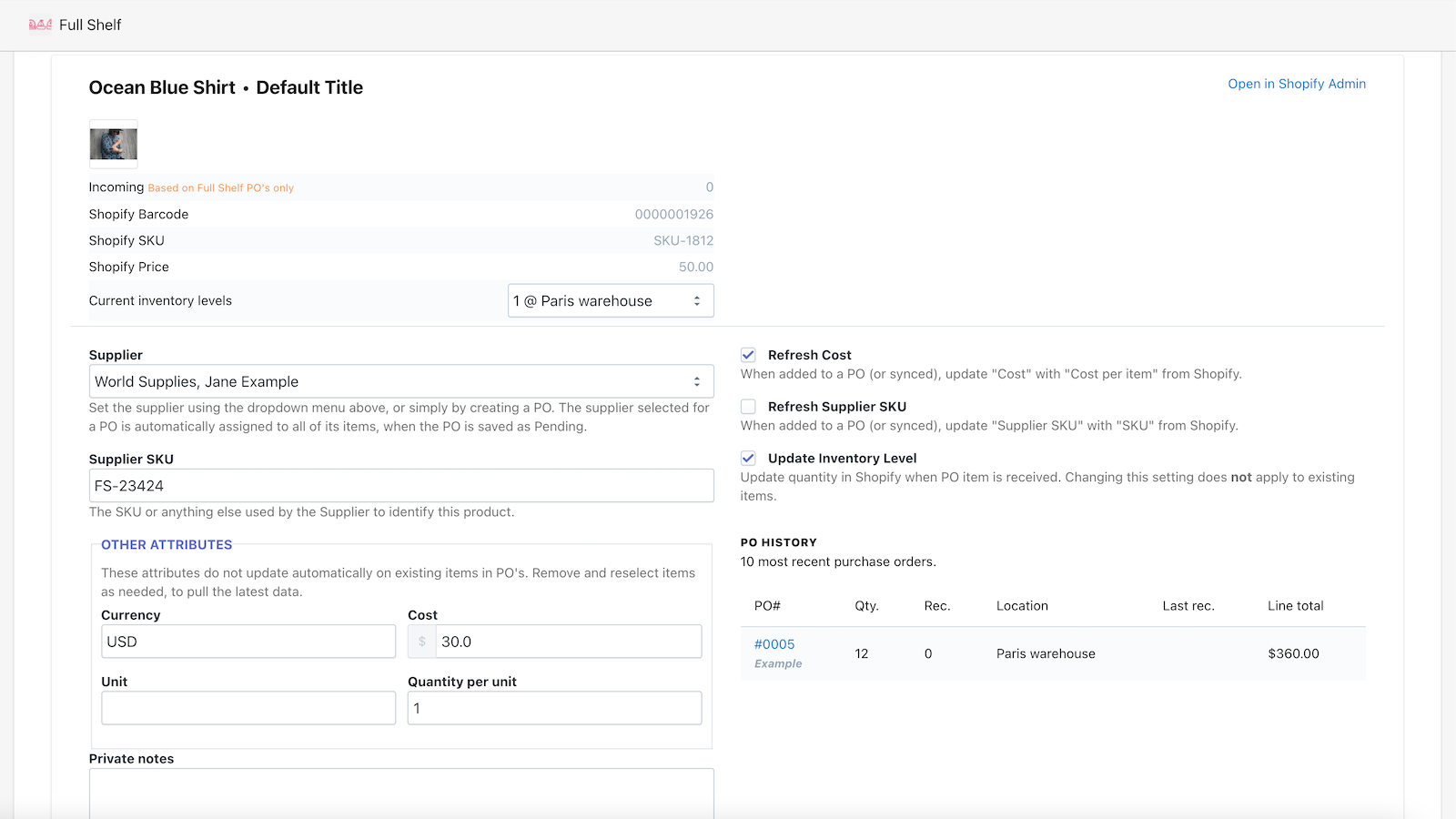 Full Shelf Purchase Orders Screenshot