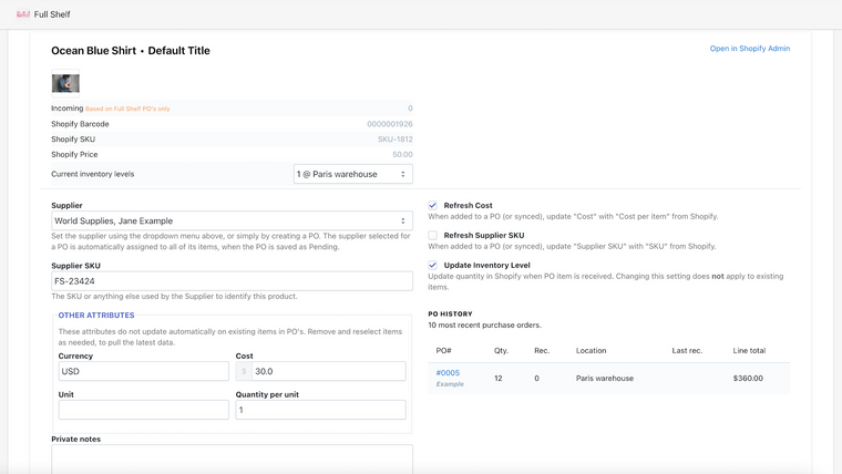 Full Shelf Purchase Orders Screenshot