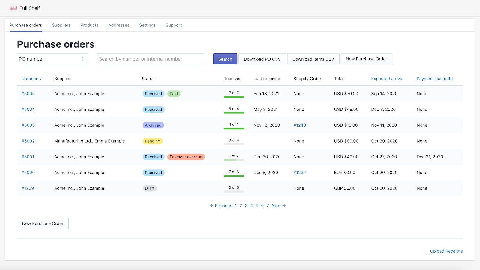 Full Shelf Purchase Orders Screenshot