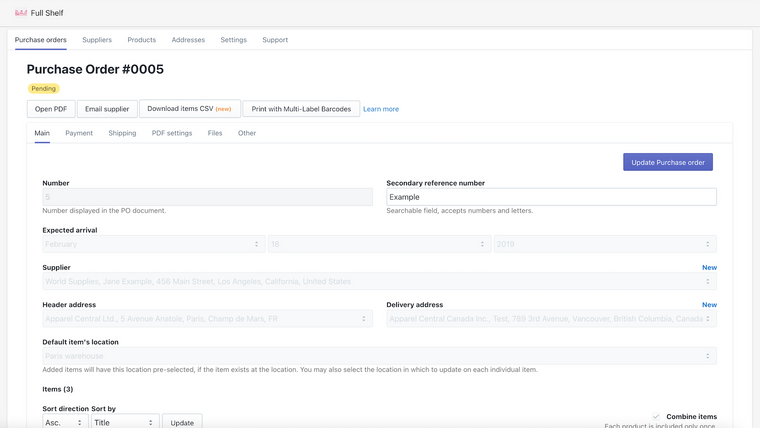 Full Shelf Purchase Orders Screenshot
