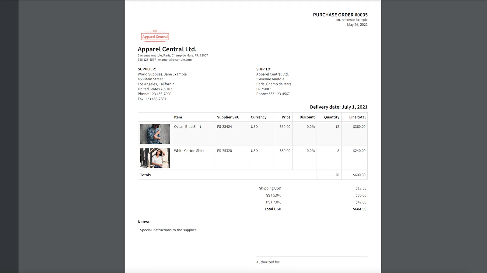 Purchase order PDF