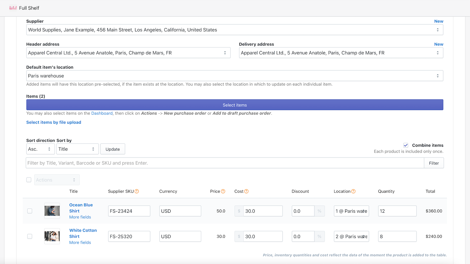 Full Shelf Purchase Orders Screenshot