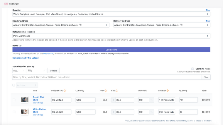 Full Shelf Purchase Orders Screenshot