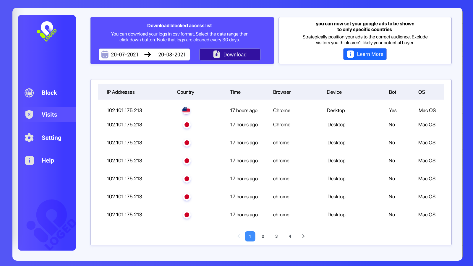 registro de ip y descarga de registros